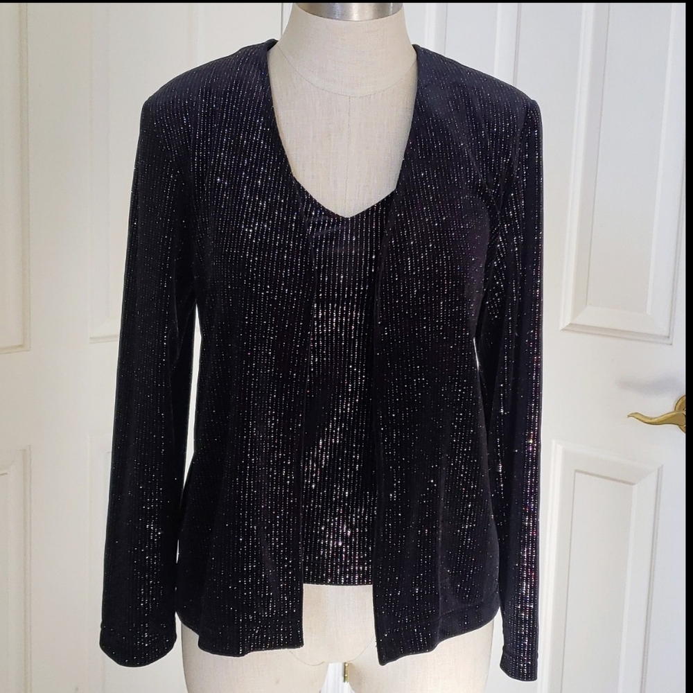 Vintage 80s Ronni Nicole Black Velvet Metallic Shimmer Twinset Cardigan PS - Picture 3 of 15
